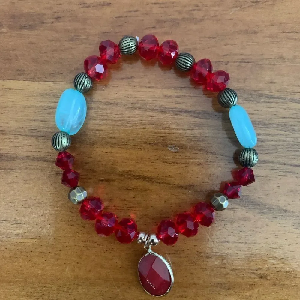 Handmade beaded stretch bracelet red turquoise